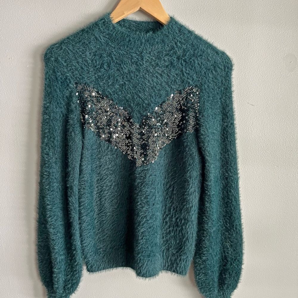 Cara Santana Nine West Teal Fuzzy Sequin Chevron Sweater XS Holiday